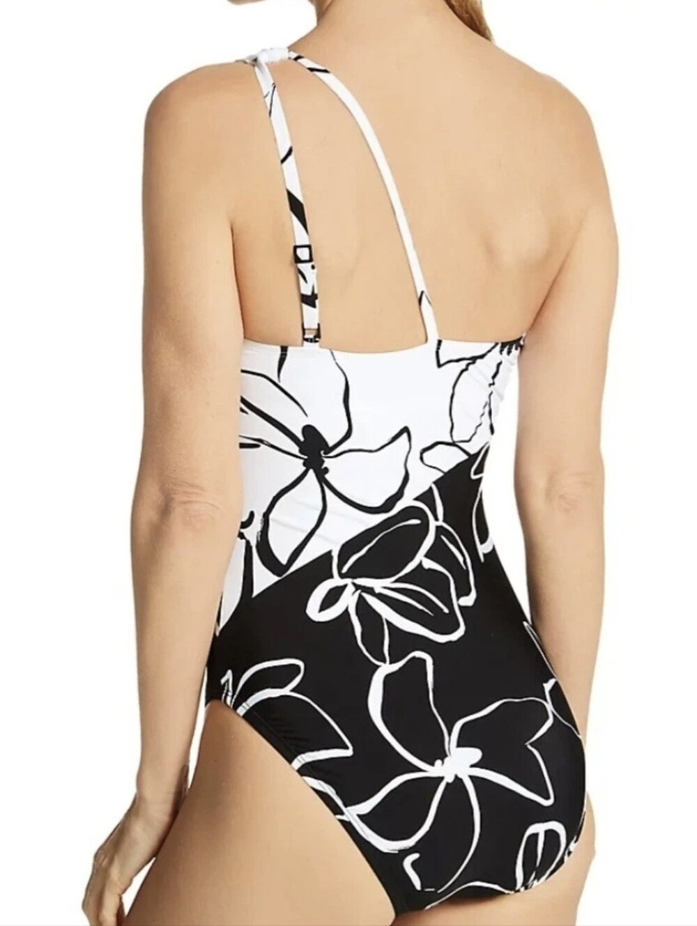 NWT LA BLANCA Moonlit Silhouette 1-shoulder keyhole swimsuit Black & White Sz.10 - Picture 3 of 11